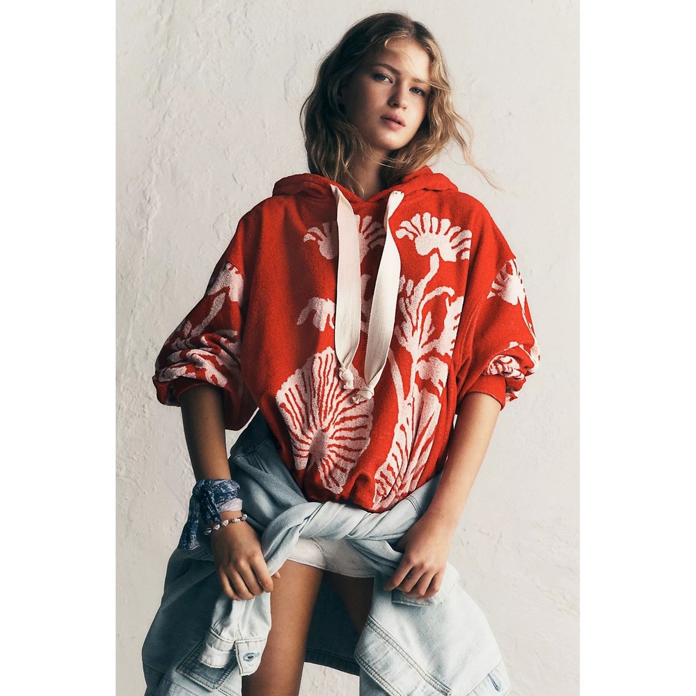 Free People Shell Baby Hoodie Red and White Oversized size XL NWT $168